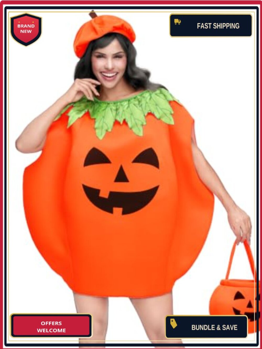 3Pc Pumpkin Costume Set Hat Bag Beret Dress Polyester Women Halloween